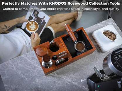58mm Espresso Accessories Organizer Premium Rosewood Espresso Tamping Station Coffee Tool Stand for Tamper, Portafilter, Funnel, WDT, RDT Bottle Barista Espresso Setup Kit Box