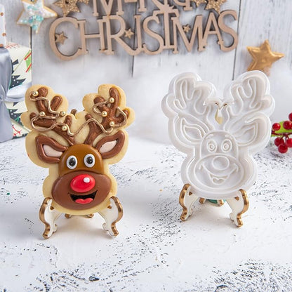 Flycalf Christmas Cookie Cutters for Holiday Baking, with 3D Stamper Reindeer Shapes 3“ Eco-Friendly PLA Kitchen Cake Decorating Birthday Gifts Party Pastry Mold Supplies Biscuit Fondant Tools,3''