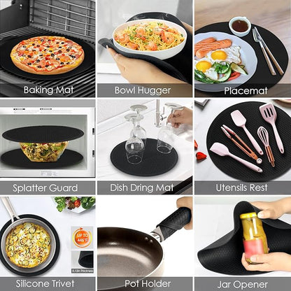 Silicone Microwave Mats, 12" Extra Large Multi-Use Microwave Mat Heat Resistant Silicone Trivet Mat Pot Holders Hot Pads for Kitchen, Silicone Cover Pad for Microwave Oven Hot Pot Pans, Black 2Pack