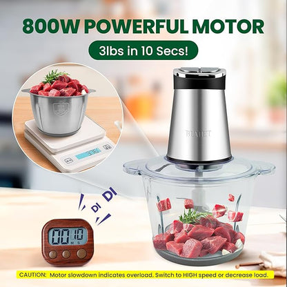 Electric Food Processor Meat Grinder 800W 2x12cups LED Timer Electric Food Chopper Vegetable chopper 3 layers 6 blades for Mincing Puree for home use kitchen aid for pet food,baby food