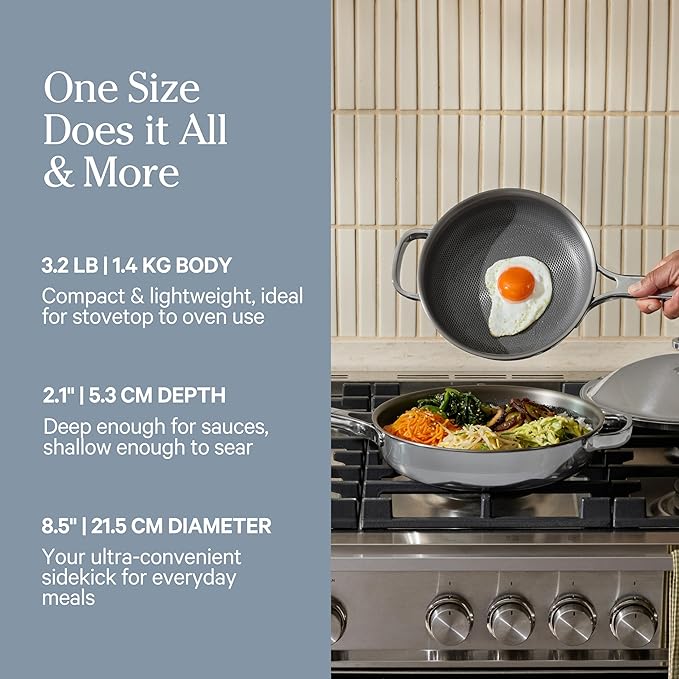 Our Place Titanium Mini Always Pan Pro - 8.5” (1.48 Qt) No-Coating Nonstick Skillet | Tri-Ply Titanium & Stainless Steel | Safe for Oven, Induction & Cooktops up to 1000°F | Includes Spatula | Chrome