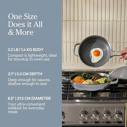 Our Place Titanium Mini Always Pan Pro - 8.5” (1.48 Qt) No-Coating Nonstick Skillet | Tri-Ply Titanium & Stainless Steel | Safe for Oven, Induction & Cooktops up to 1000°F | Includes Spatula | Chrome