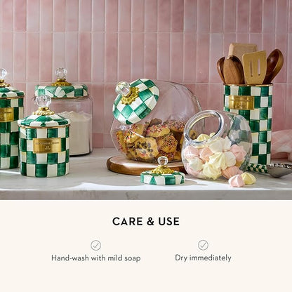 MACKENZIE-CHILDS Cookie Jar with Enamel Lid, Large Glass Treat Jar or Kitchen Jar, 1-Gallon Capacity, Green-and-White Emerald Check