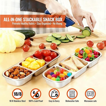 Stainless Steel Snackle Box Container,Reusable Bento Box for Kids & Adults,Leak-Proof Snack Containers with Lids, Perfect for Lunchables, Snack Pack Containers(3 Compartments Yellow)