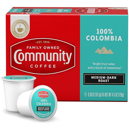 Community Coffee 100% Colombia 12 Count Coffee Pods, Medium-Dark Roast, Compatible with Keurig 2.0 K-Cup Brewers, Box of 12 Pods