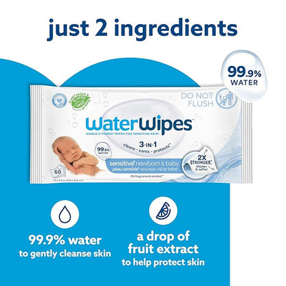WaterWipes Sensitive+ Newborn & Baby Wipes, 3-In-1 Cleans, Cares, Protects, 99.9% Water, Unscented & Hypoallergenic, 180 Count (3 Packs)