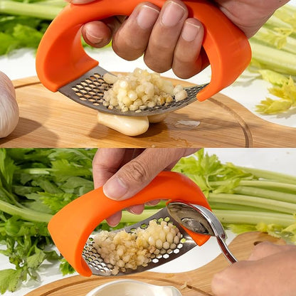 Li&Zhao Stainless Steel Garlic Press Rocker - Garlic Crusher Stainless Steel Garlic Mincer Tool Garlic Rocker with Garlic Peeler Garlic Smasher for Kitchen Cooking(Orange)