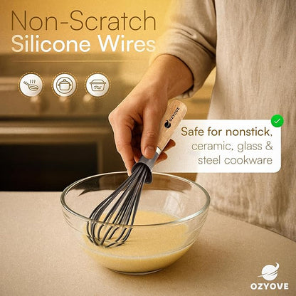 Modern Kitchen Whisk with Wooden Handle, Gray Silicone Wires, Professional Balloon Style for Mixing, Blending, Cooking, Utensil for Whisking Beating Frothing