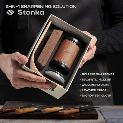 Stonka Walnut Rolling Knife Sharpener Kit – Dual-Grit Diamond Wheels Kit (400/1000), Easy to Use Knife Sharpener Roller with Magnetic Holder with 15° & 20°, Leather Strap