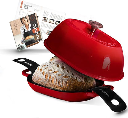 Enameled Cast Iron Dutch Oven for Professional Sourdough Bread Baking | 5.5 Quart Loaf Size Oval Cookware Pot with Lid | Triple-Layer Enamel Coating Pan with Non Stick Silicone Mat |Red