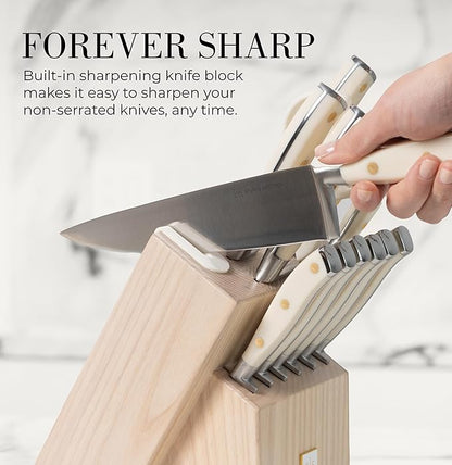 Styled Settings White Knife Set with Block and Sharpener – 14-Piece Ultra-Sharp High Carbon Stainless Steel Knives with Gold Triple Rivet White Handles and Ashwood Knife Block