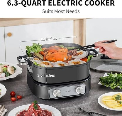6-Quart Electric Skillet with Grill | Non-Stick PFOA-Free Ceramic-Coated Pot, 1600W, Timer & 3 Power Settings for Steak, Egg, Ramen (Includes Grill Tongs) Pot & Grill