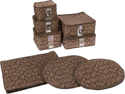 8-Piece Storage Containers Set – China, Brown, Quilted, Stackable Dish & Plate Protectors – Glass & Dinnerware Organizer Lids – Kitchen Storage for Meal, Tupperware, Glass Containers & Food Storage