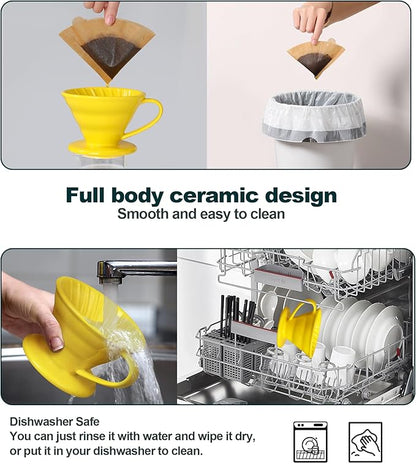 Pour Over Coffee Dripper - Ceramic Pour Over Coffee Maker Cone, Porcelain Coffee Drip, Pour Over Single Cup, Manual Brew Maker for Home, Cafe, Office - 1-4Cup, V60 Size 02 (Yellow)
