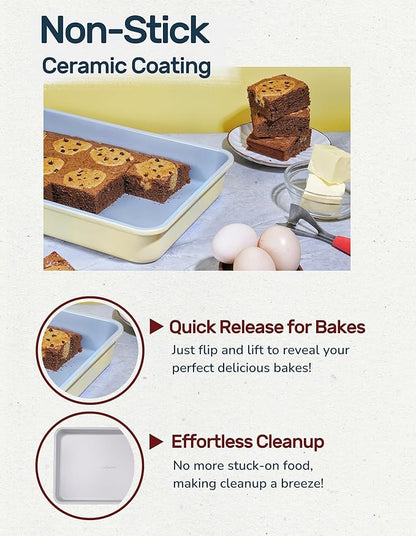 LeGourmet Nonstick Rectangle Baking Pan 9x13 Inch, Ceramic Coating, Non-Toxic, Rust Resistant Aluminized Steel, Perfect Baking Dish for Brownie Cake, Roasting, Lasagna - Butter