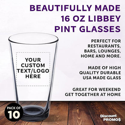 Custom Libbey Pint Glass 16 oz. Set of 10, Personalized Bulk Pack - Beer Glasses, Heavy Duty Drinkware - Black