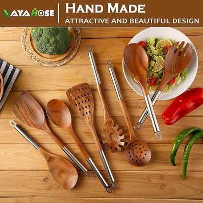 10PCS Wooden Spoons for Cooking, Spoons and Spatula Non Stick Set with Stainless Steel Handle, Teak Wooden Utensils Set with Holder & Spoon Rest, Kitchen Utensils for Non-Stick Cookware