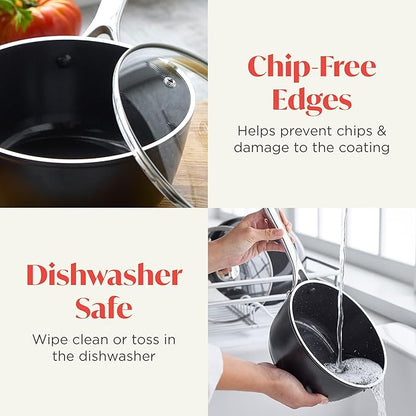 Orfeo 2.4QT Nonstick Saucepan with Lid, Made in Italy, Diamond Ceramic PFAS-Free Cookware, Induction Ready, Scratch Resistant, Laser-Fused Surface for Durability, Dishwasher Safe, Black