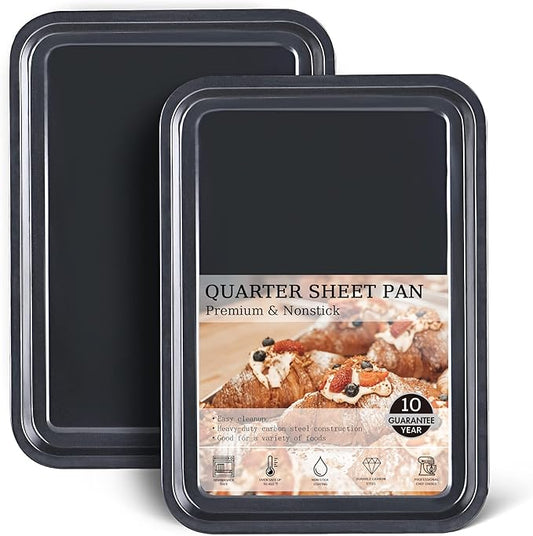 HONGBAKE 2 Pack Quarter Sheet Pan for Baking - Nonstick 13.8 x 9.8 Small Cookie Sheet with Wider Grips, 27% Thicker Carbon Steel Commercial Oven Tray - Black