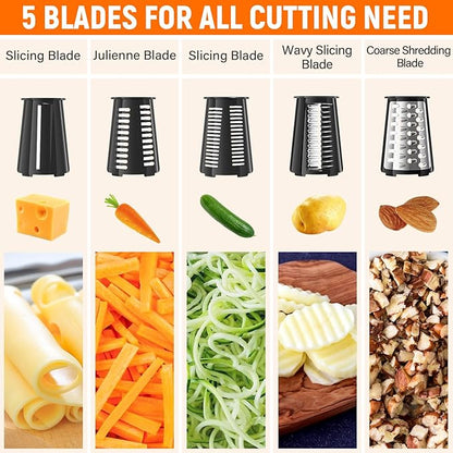 Rotary Cheese Grater Hand Crank with 5 Interchangeable Blades, Vegetable Chopper Spiralizer Slicer for Fruit Vegetable Nuts, Mandoline Slicer for Kitchen with Blades Rack & Suction Base, Black