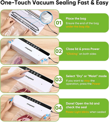 Vacuum Sealer for Food, 6-in-1 Food Vacuum Sealer Machine, 80kpa Suction Power Food Sealer Vacuum Sealer, Compact Vacuum Sealers with 10 Vacuum Bags, External VAC for Jars & Containers, White