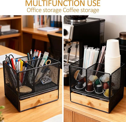 Kitchen Utensil Holder, 2-In-1 Large Utensil Holder Counter & Drawer Silverware Organizer Kitchen Countertop, 6 Compartment Caddy for Cooking and Flatware, With Quick Dry Diatomite Pad