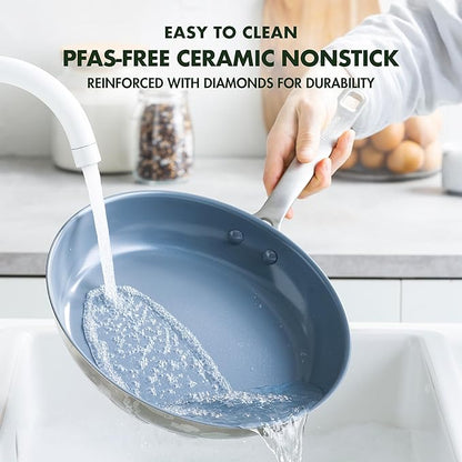 GreenPan Treviso 9.5” and 11” Frying Pan skillet Set, Non-Toxic PFAS-Free Stainless Steel Ceramic Nonstick Coating, Induction Suitable, Multi Clad, Pouring Rims, Dishwasher & Oven Safe to 600°