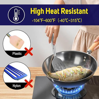 HOTEC Silicone Spatula Set of 2 Heat-Resistant 600°F & BPA-Free Kitchen SaptulaTurner with Stainless Steel Handles, Slotted & Solid Spatulas for Nonstick Cookware, 13.7 Inch, Grey