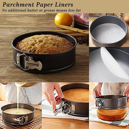 MASSUGAR Springform Cake Pan Set of 3 Non-stick Leakproof Round Cheesecake Pan with Removable Bottom, Circle 3 Pieces 4" 7" 9" Springform Pans for Baking with 50 Pcs Parchment Paper Liners