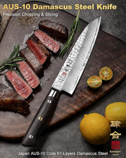 Japanese Chef Knife Kitchen Knife with 67 Layers Damascus Steel AUS-10 Core, Professional Damascus Knife with Full-Tang Ebony Wood Handle and Premium Gift Box(8.27 Inch Gyuto Chef Knife)