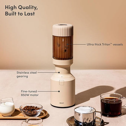 Beast Mighty 850 Plus | Premium Compact Personal Blender | Smoothies, Shakes, Dressings, Sauces | Blends Ice and Frozen Fruit | New XL Vessel | Extra Vessels, Lids and Straws | 850W (Sand)