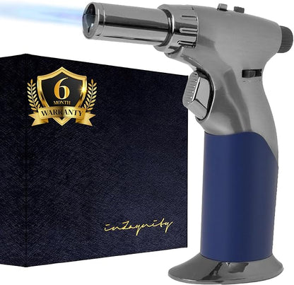 Dual Flame Butane Torch Gun - Refillable Luxury Hand Held Mini Blow Torch for Cooking, Creme Brulee, Soldering, Welding, & Resin Art - Adjustable Flame with Ignition Lock - Steel Blue by inZaynity