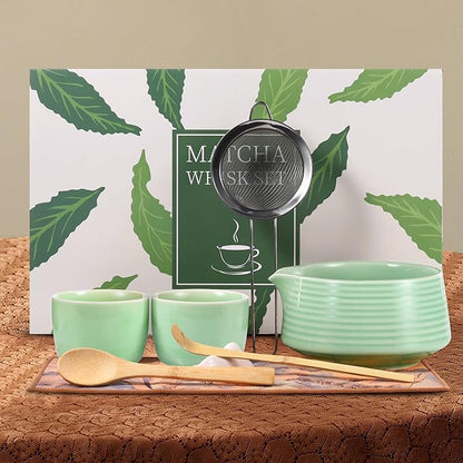 HELPLX Matcha Whisk Set 10-Piece Japanese Matcha Kit with BowlWhisk & Holder2 Tea CupsBamboo ScoopSpoonSifterScoop Rest & Tea Towel – Green Matcha Tea Set for Ceremony or Daily Use