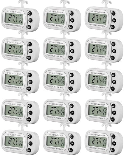 Frienda 16 Pack White Digital Fridge Thermometer Waterproof Refrigerator and Freezer Room Max/min Record Function LCD Screen Refrigerator Thermometer with Hook and Magnetic Back for Home
