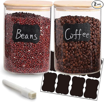 Large Glass Flour and Sugar Containers, Set of 2-120 oz Glass Food Storage Containers with Airtight Lids, Square Jars with Bamboo Lids for Rice, Pasta, Cookies, Sugar
