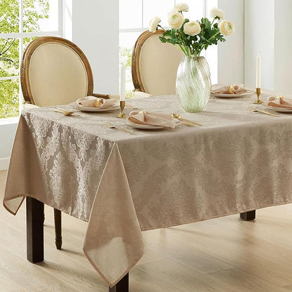 Newbridge Barcelona Luxury Damask Fabric Tablecloth, 60” Wide x 120” Rectangle, Golden Beige, 100% Polyester, No Iron, Soil Resistant Dining Room, Party and Banquet Table Cover