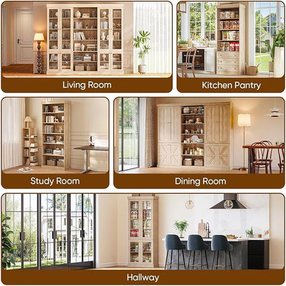 70.8" Bookshelf with Glass Doors, Farmhouse Modular Bookcase with 6-Tier Adjustable Shelves, Large Storage Cabinet for Living Room & Home Office, Set of 4, Brown