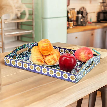 Gifturbo Serving Tray with Two Handles,Decorative Tray for Coffee Table, Plastic Rectangular Durable Serving Trays for Living Room, Bathroom, Outdoors, Blue