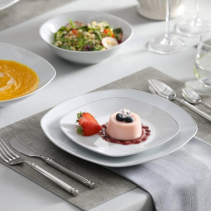 MALACASA Dinnerware Sets, 24 Piece Porcelain Square Dishes, White with Silver Rim Plates and Bowls Sets, Ceramic Dish Set for 6, Chip Resistant Dishware Sets, Series ELISA