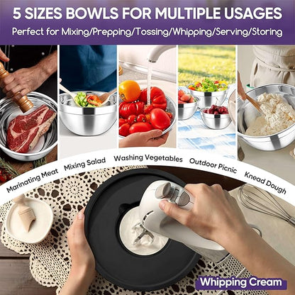 Herogo 5-Piece Mixing Bowls with Airtight Lids, 3 Grater Attachments, Stainless Steel Salad Serving Bowls for Kitchen, Size 4.6, 3.5, 2.5, 2, 1.5QT Ideal for Prepping & Cooking, Black
