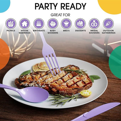 Party Solids Lavender Plastic Silverware Heavy Duty 150 Pieces Lavender Plastic Cutlery Sets, Utensil Sets, 50 Of Each Forks, Knives & Spoons Disposable Cutlery Set, Flatware Set For Party Supplies