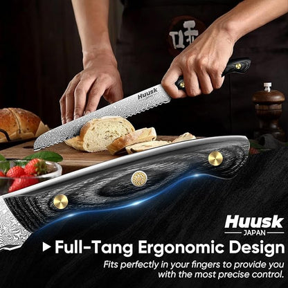 Huusk Damascus Serrated Bread Knife for Homemade Bread, VG10 Serrated Knife with Wide Wavy Edge, Tomato Slicer knife with Wooden Handle for Sourdough Baguette Sandwich,Birthday Dad Mom Gift