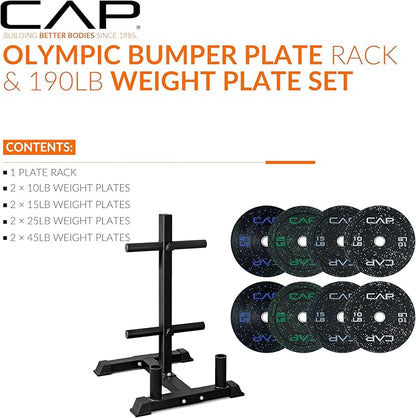CAP Barbell 2-Inch Olympic Bumper Plate Weight Set with 6 Post Rack | 100-370 lbs | Multiple Options