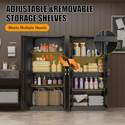 60" Tall Kitchen Storage Cabinet with 2 Doors, Metal Kitchen Pantry Cabinets with 3 Adjustable Shelves, Black Freestanding Food Cabinet, Large Cupboard for Office, Dining, Living Room,Hallway