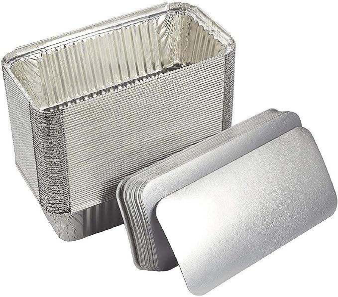 Juvale 50 Pack Aluminum Foil 2 lb Disposable Loaf Pans With Lids for Baking Bread, Heating, Storing Food (32oz, 8.5 x 4.5 In)