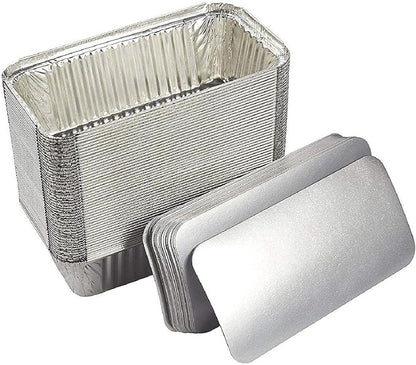 Juvale 50 Pack Aluminum Foil 2 lb Disposable Loaf Pans With Lids for Baking Bread, Heating, Storing Food (32oz, 8.5 x 4.5 In)