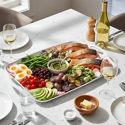 TP Serving Tray with Handles, Large Rectangle Melamine Serving Platter Set of 2, Pure White (19” x 12”)