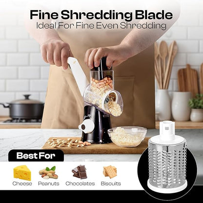 Rotary Cheese Grater Hand Crank - Cheese Shredder Hand Crank with Handle, Vegetable Shredder with 3 Stainless Steel Blades & Strong Suction Base – Round Slicer & Food Chopper for Kitchen