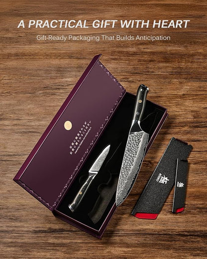 KYOKU Knife Set, 2pc Japanese Kitchen Knife Set for Cooking, 8" Chef 3.6" Paring Knife with Sheath Gift Box, Professional Sharp Damascus Stainless Steel Knives for Meat Vegetable Fruit