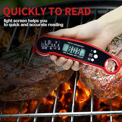 Leelosp 3 Pcs Digital Meat Thermometer with Probe Waterproof Fast Read Food Thermometer Kitchen Grilling Cooking with Backlight Magnet and Calibration for Baking BBQ(Red, Black)